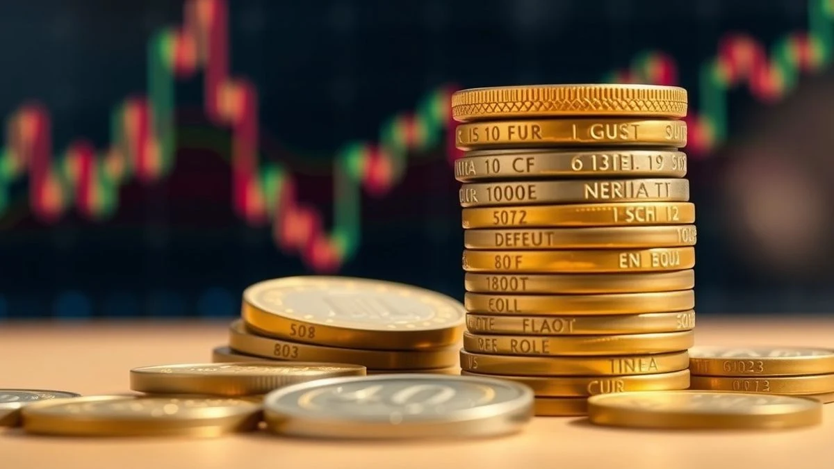 Heap of euro coins with an ascending stock market graph in the background