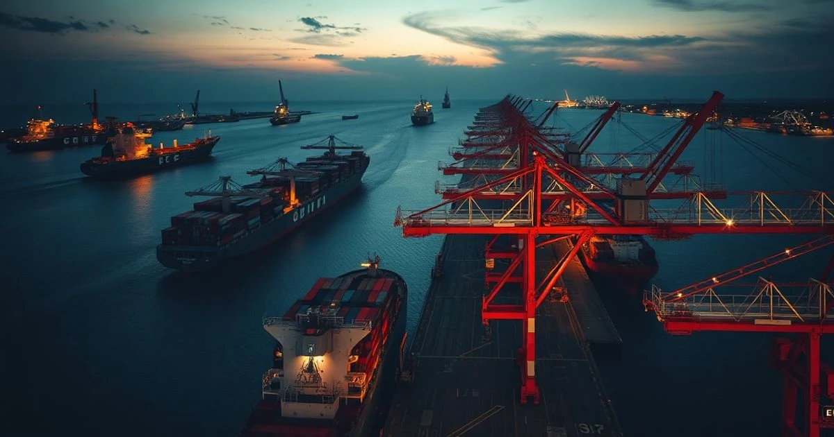 Aerial view of the port of Castellón with cranes and container ships at sunset