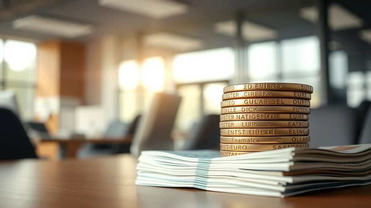 Close-up of euro coins and banknotes on a table, with a blurred office background