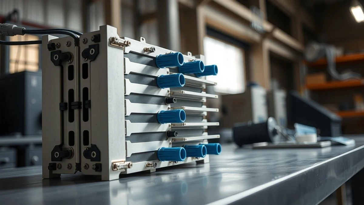 Illustrative image: detail of a hydrogen fuel cell with metal connectors on a laboratory table, with soft natural light and a blurred background.