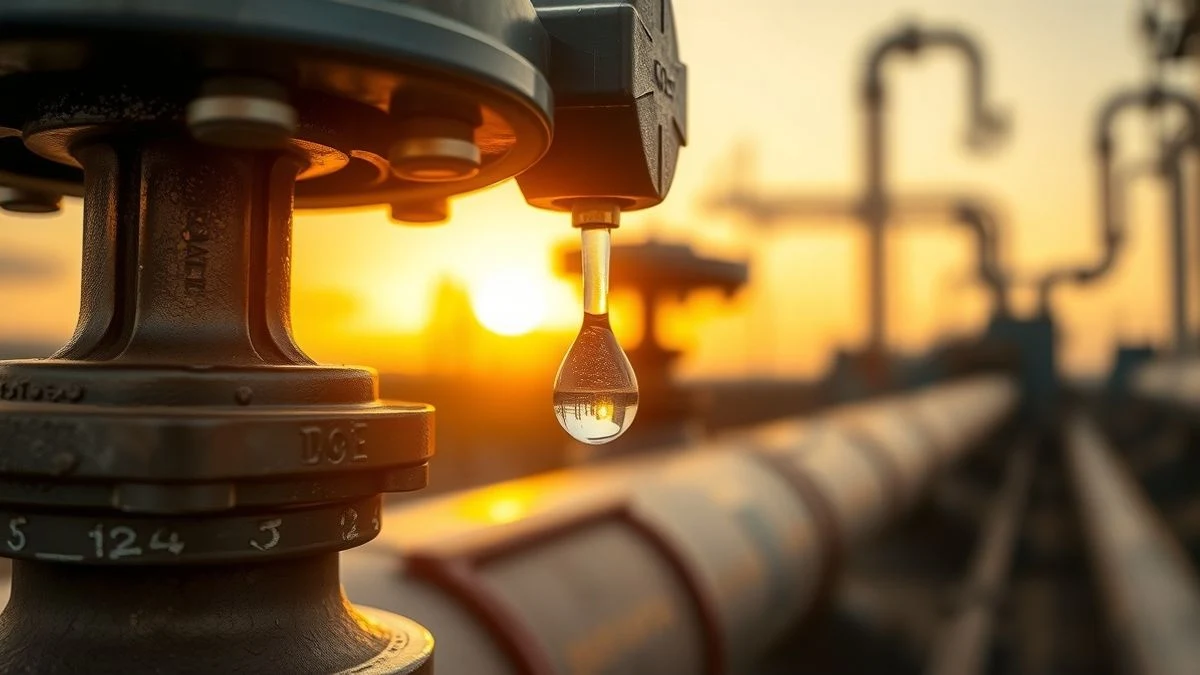 Close-up side view of a pipeline valve with a drop of oil, golden sunset light, blurred industrial background
