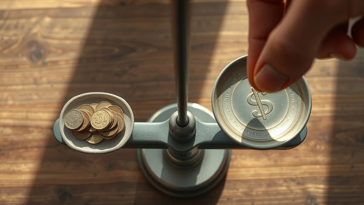 Aerial view of a scale with coins, a hand removing coins from one side