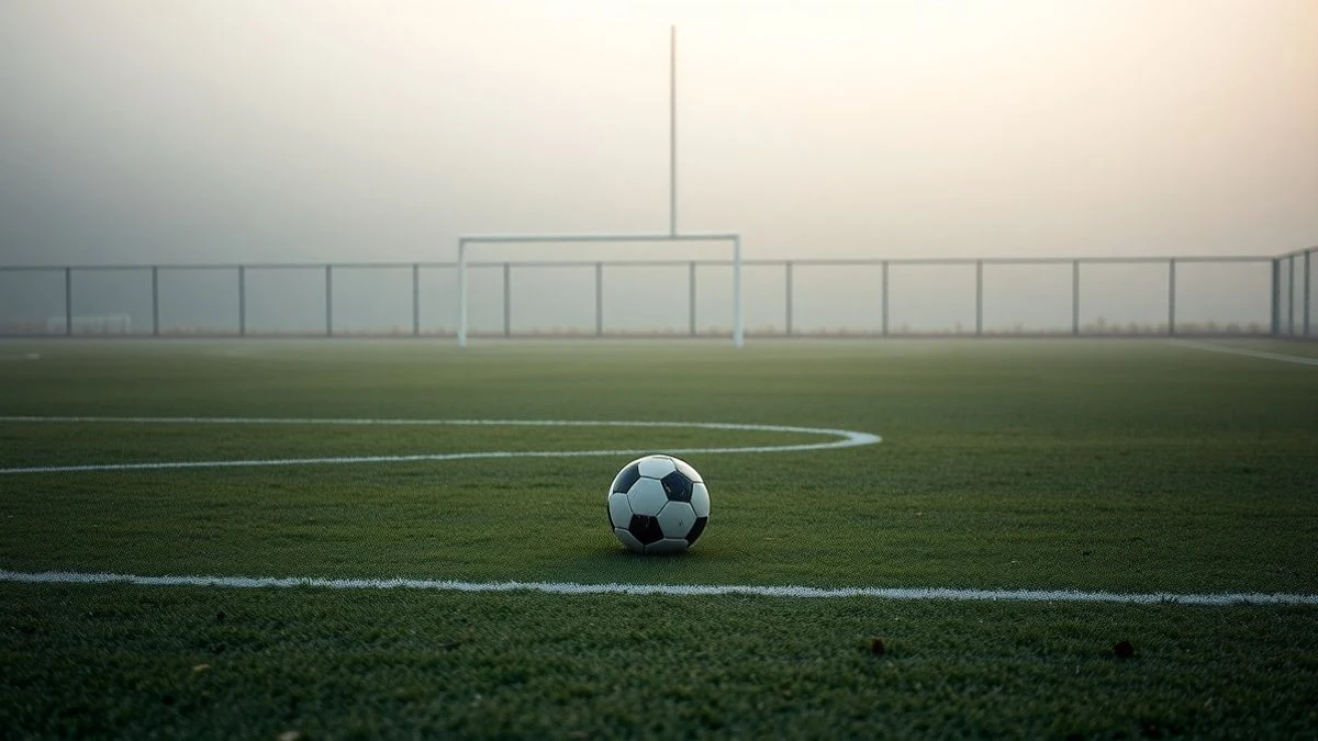 Illustrative image: an empty football field with a ball on the grass and fog in the background