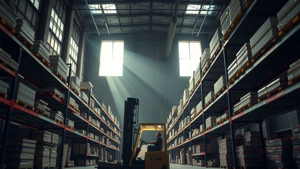 Illustrative image: interior of a logistics warehouse with shelves and a forklift, illuminated by natural light