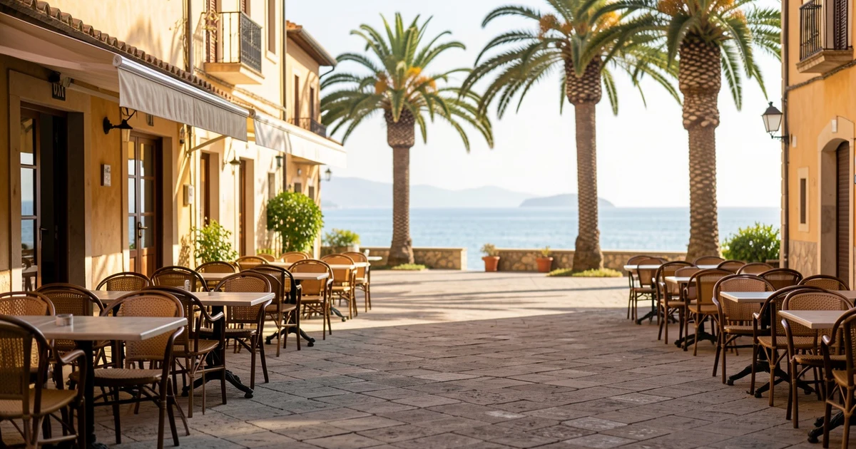 Sunny square in Nerja with empty terraces and palm trees in the background