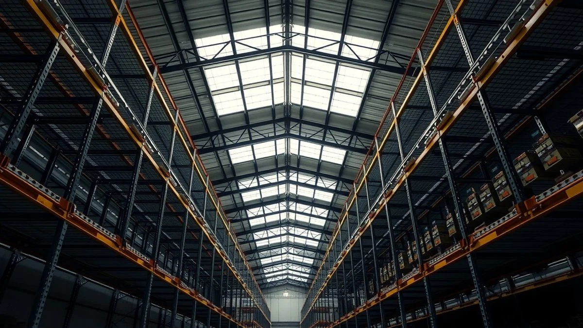 Illustrative image: interior of an industrial warehouse with metal shelves and natural light coming through skylights.