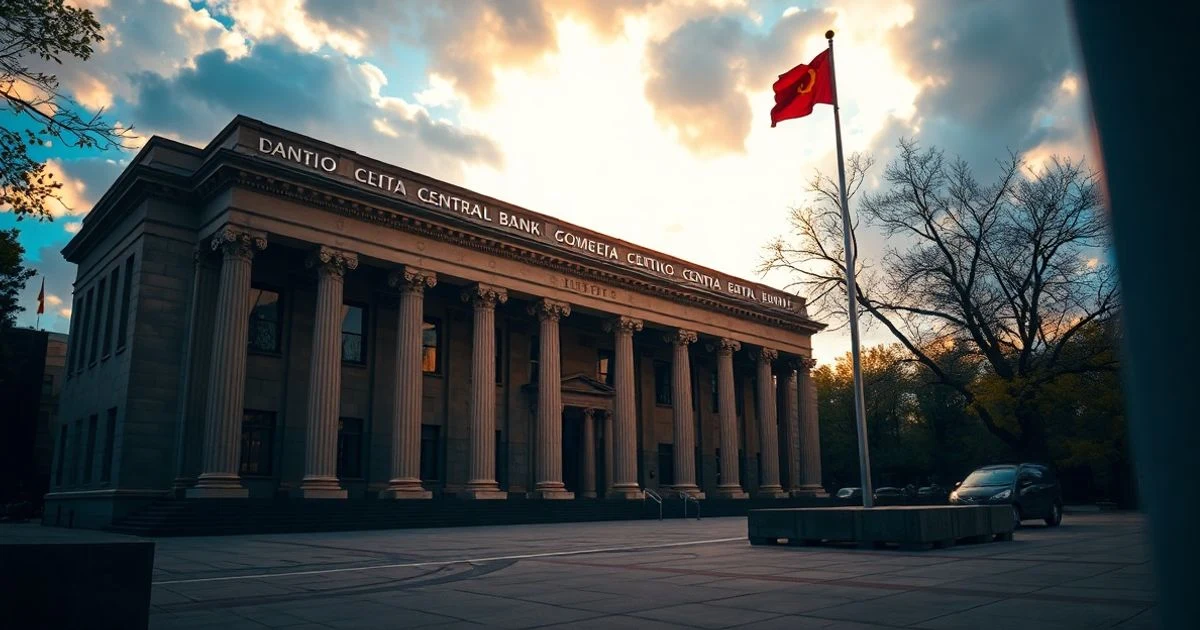 Facade of a central bank with classical columns and sunset light, without people or logos