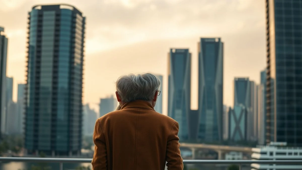 Silhouettes of two people at sunset in front of an urban skyline with financial buildings, symbolising wealth transfer between generations