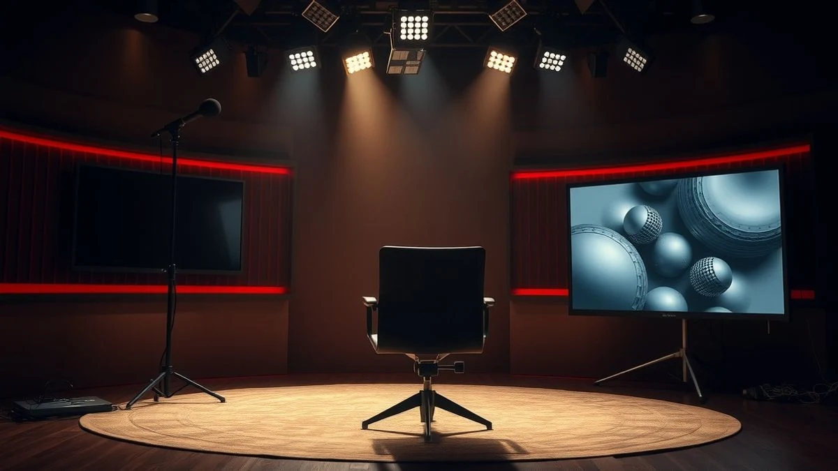 Side view of an empty television studio with a chair in front of a microphone, dramatic lighting