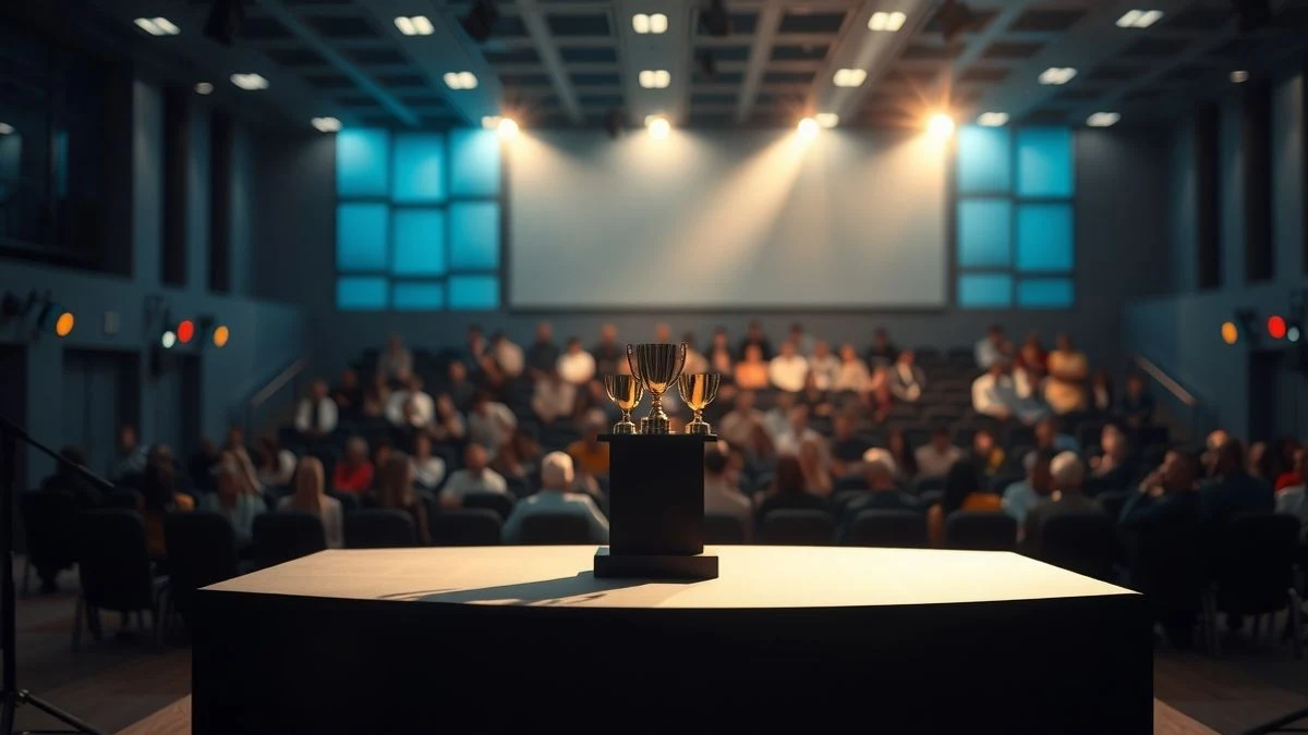 Empty podium with three trophies in a modern convention centre