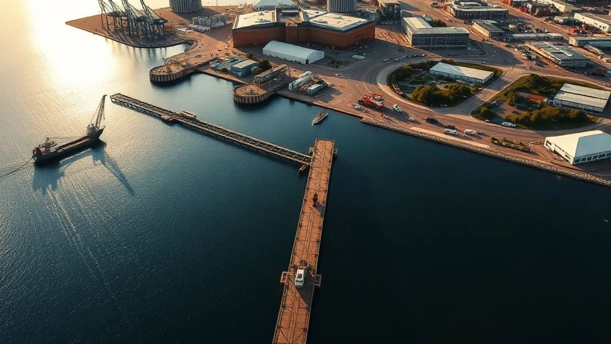 Aerial view of the construction of the Southern Dock at the Port of Huelva with cranes and industrial buildings at sunset