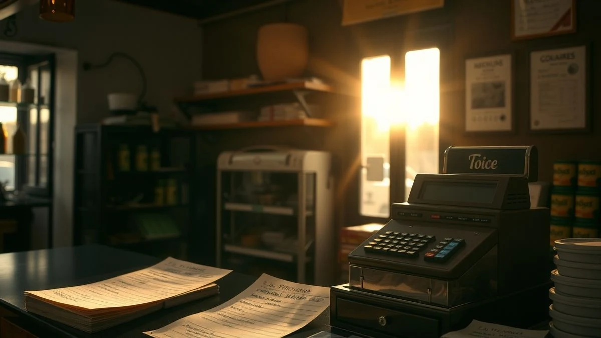 Old cash register and handwritten invoices on a counter backlit by sunset