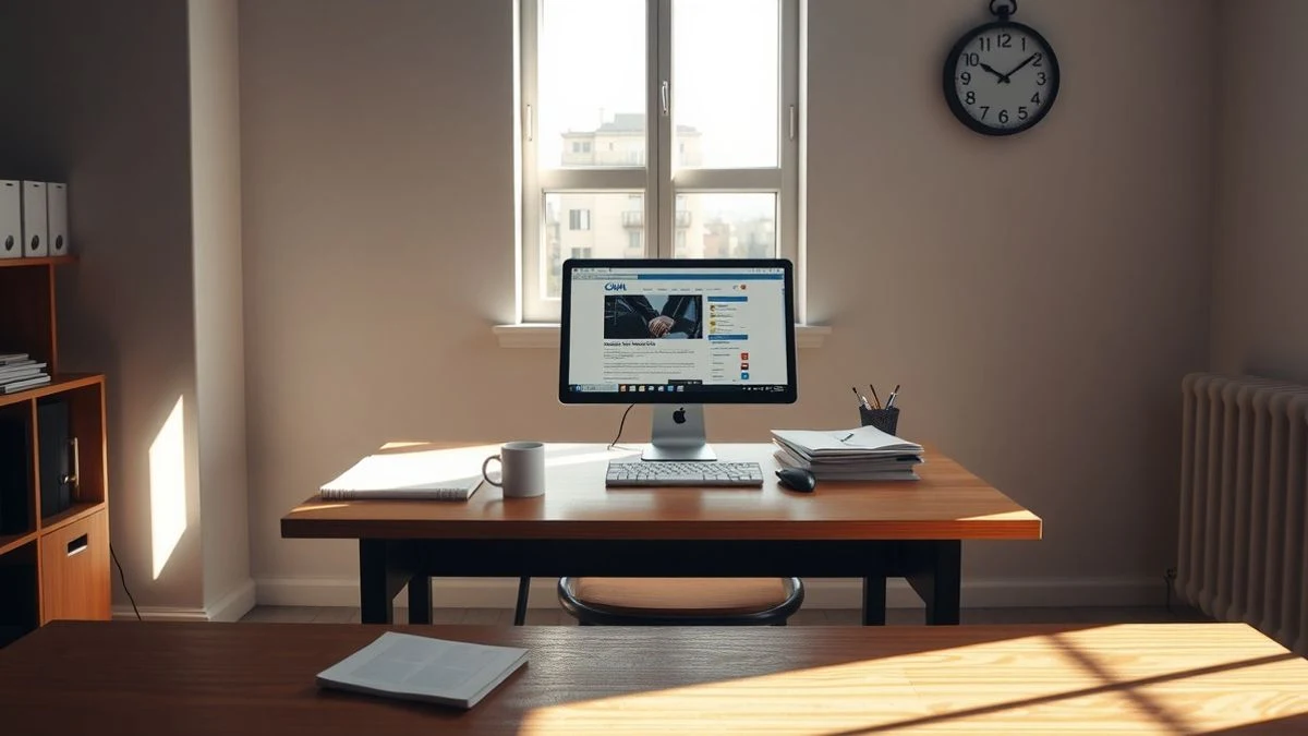 Empty office desk with computer, documents, and wall clock, soft natural light.