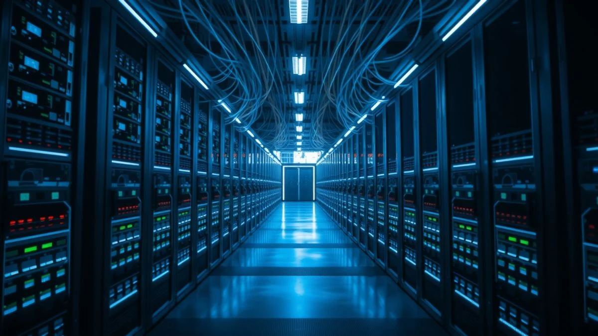 Imagen ilustrativa: pasillo de un centro de datos con servidores y cables de fibra óptica iluminados en azul, perspectiva en gran angular.