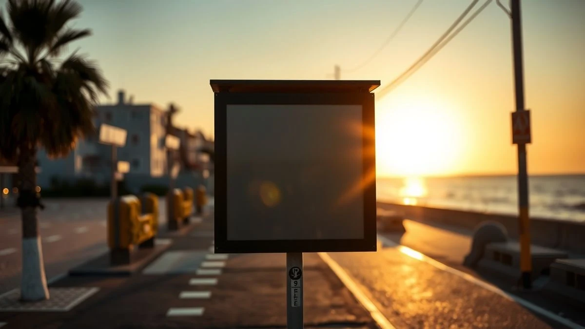 Bus stop sign in a coastal town with the beach in the background at sunset