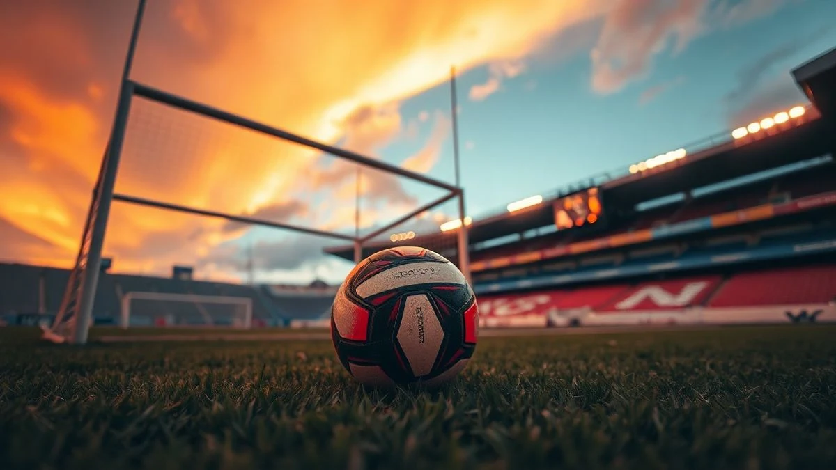 Football on the grass of an empty stadium at sunset, with a goal and orange sky in the background.