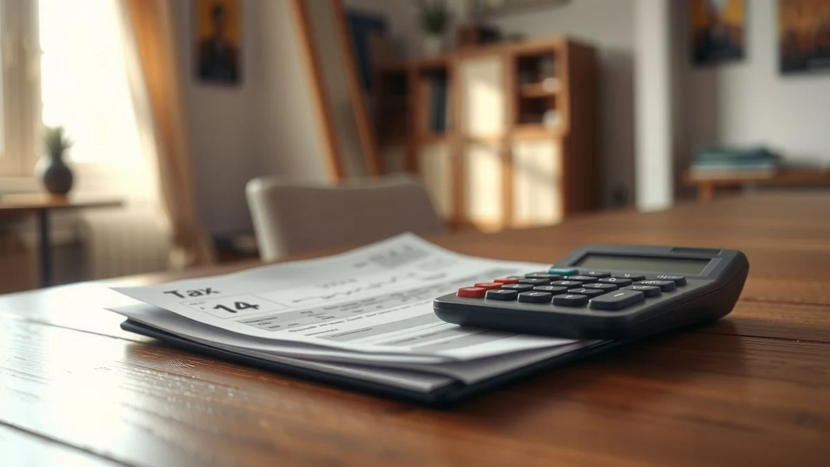 Calculator and tax form on a wooden table with side window light