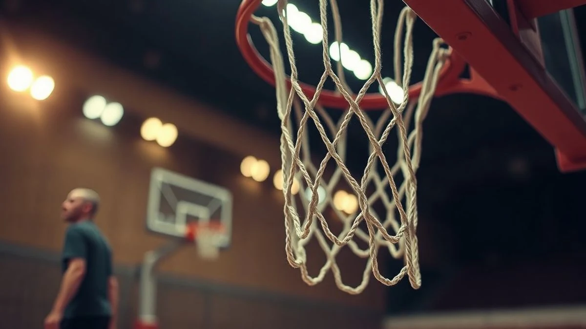 Imagen ilustrativa: primer plano de una canasta de baloncesto con la red, fondo de pista desenfocado, iluminación dramática