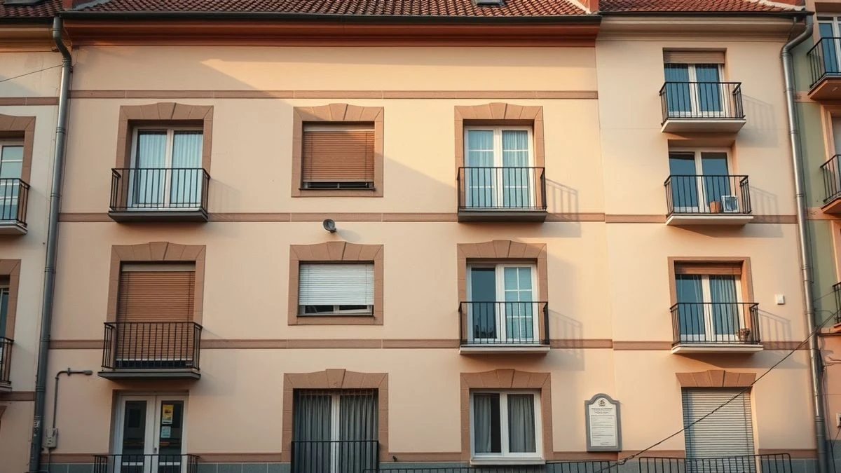 Facade of a four-storey residential building with balconies on a street in Ferrol