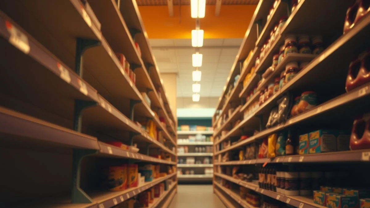 Empty supermarket aisle with sunset light and long shadows