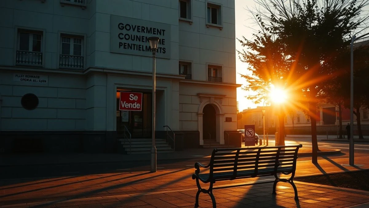 Facade of a government building at sunset with long shadows and a For Sale sign in a window