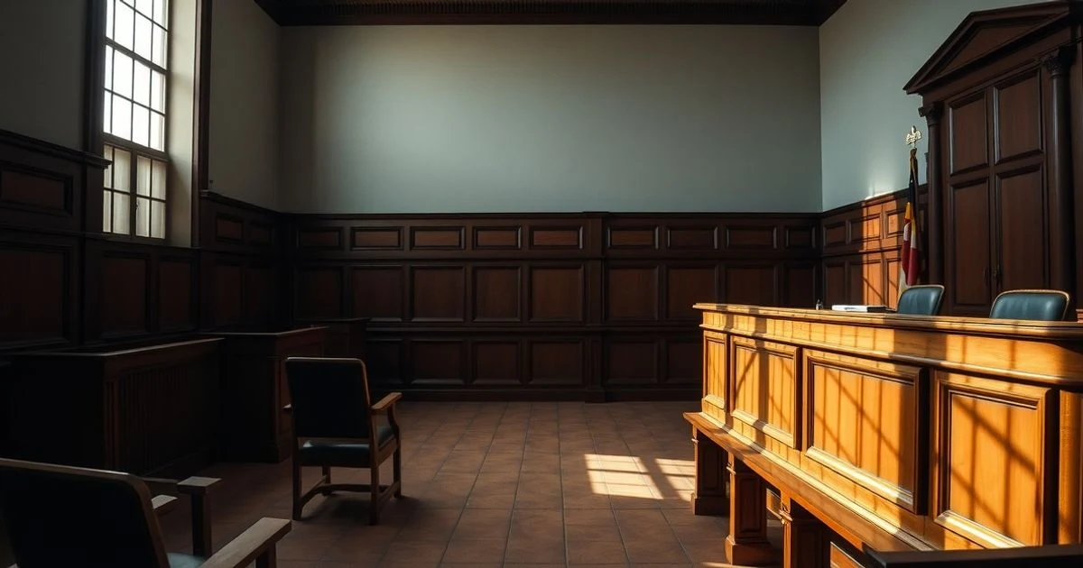 Empty courtroom with witness stand and chair, dramatic natural light