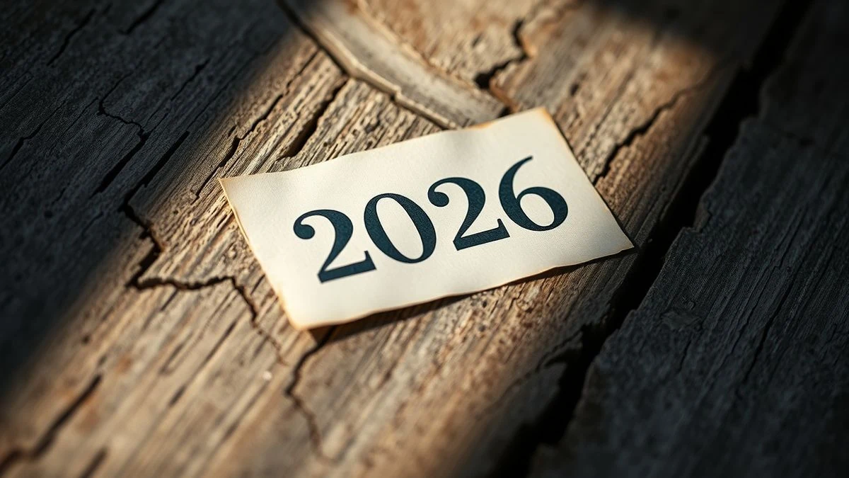Illustrative image: detail of a cracked wooden surface with a faded calendar page and long shadows