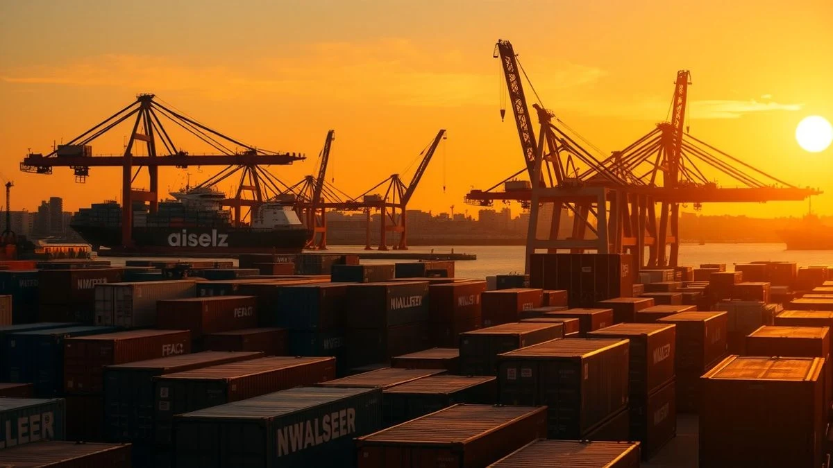 Illustrative image: port with containers and cranes at sunset, with silhouettes and long shadows.