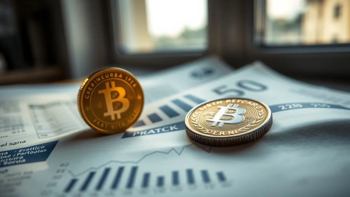 Close-up of a Bitcoin coin on a financial newspaper with charts, dramatic natural lighting.