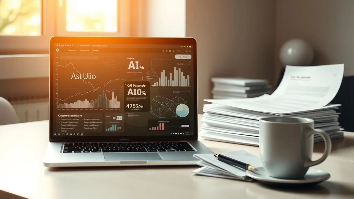 Office desk with laptop showing AI data and stacks of resumes