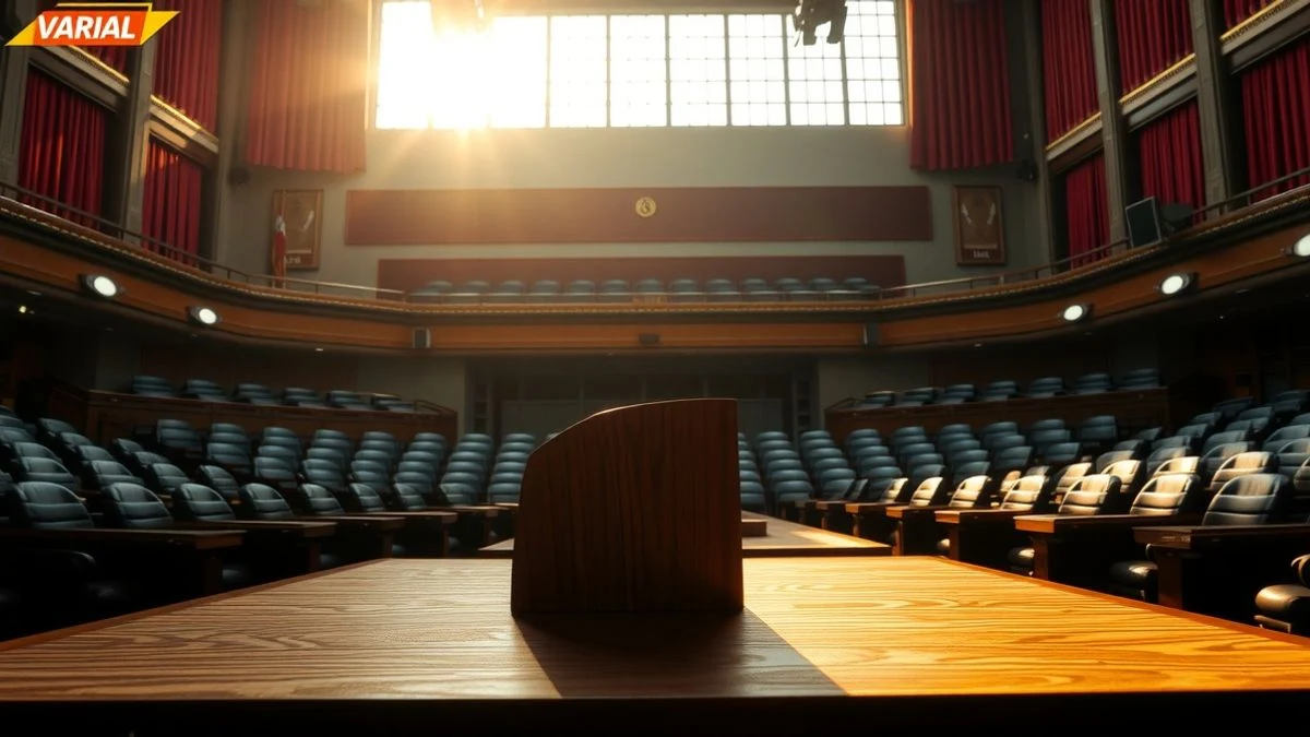 Illustrative image: an empty wooden lectern on a parliamentary stage with sunset light and blurred red curtain background.