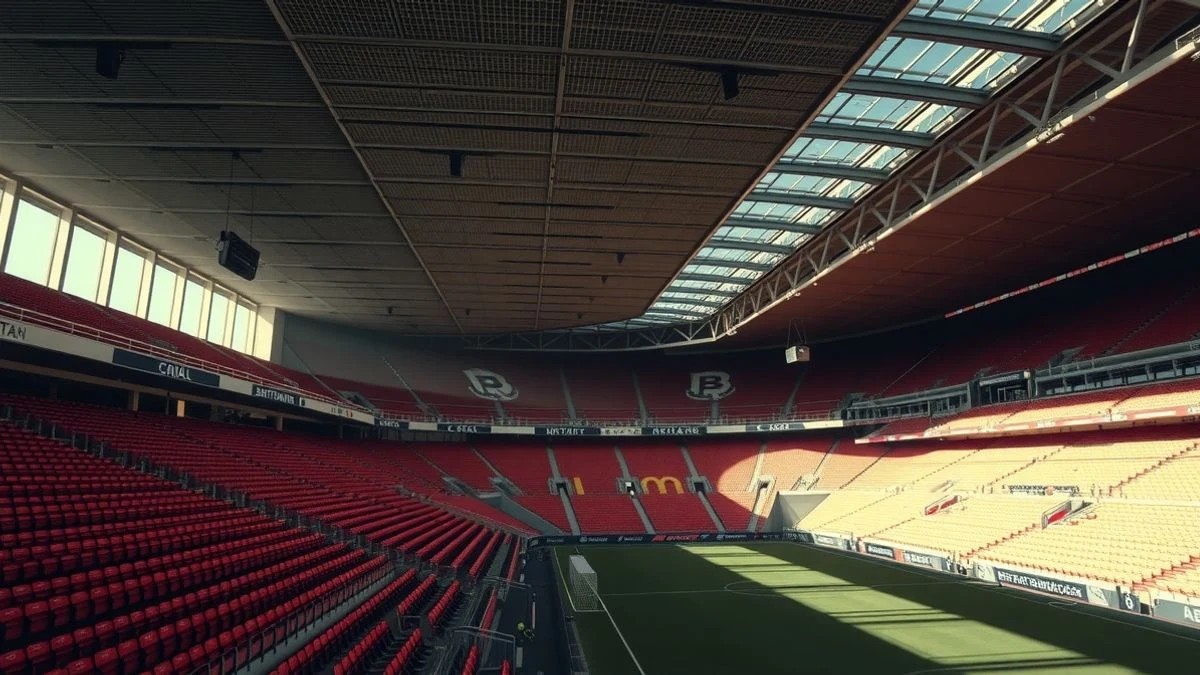 Side view of the empty Metropolitano stadium interior, with illuminated grass and blurred stands in the background.
