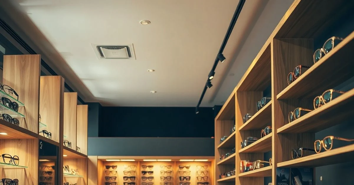 Interior of an optical shop with wooden shelves and displayed glasses, warm lighting