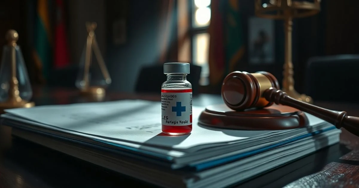 Vial of medication on legal documents with a judge's gavel beside it, in a dimly lit boardroom