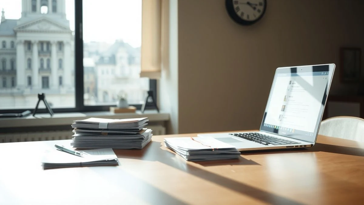 Illustrative image: an empty office desk with stacked letters and an open laptop with an electronic notification, illuminated by afternoon natural light.