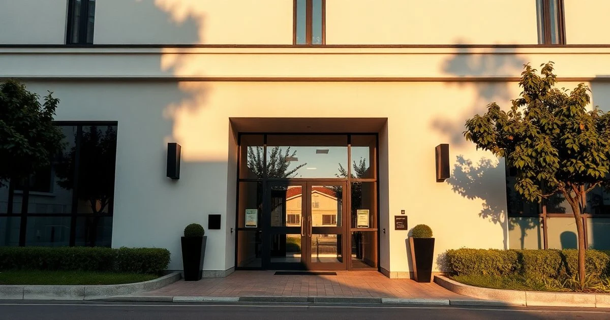 Entrance of an office building in Alicante with a reflection of a mobile network icon on the glass