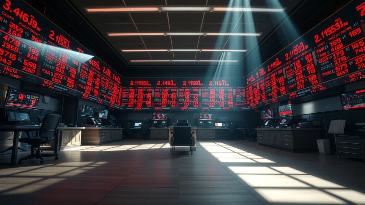 Illustrative image: empty stock trading room with red screens and a chair in the foreground
