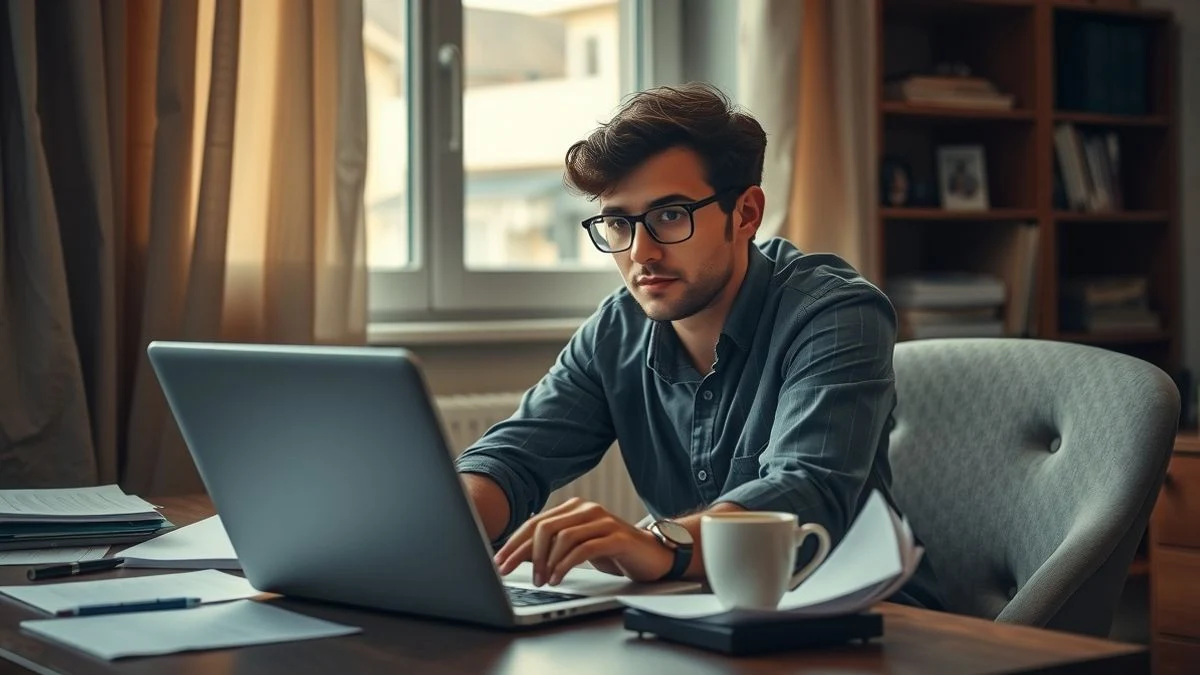 Young professional at home in front of a laptop during job search