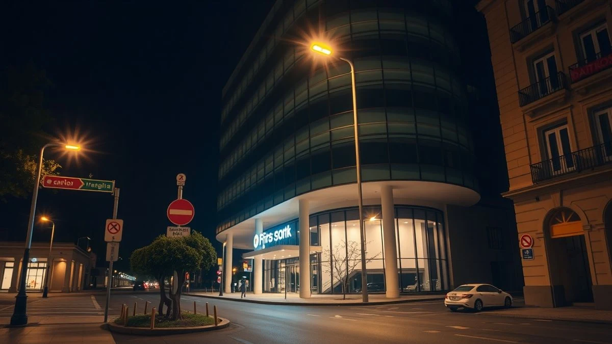 Illustrative image: Facade of an office building illuminated by streetlights and spotlights at night, with no visible people.
