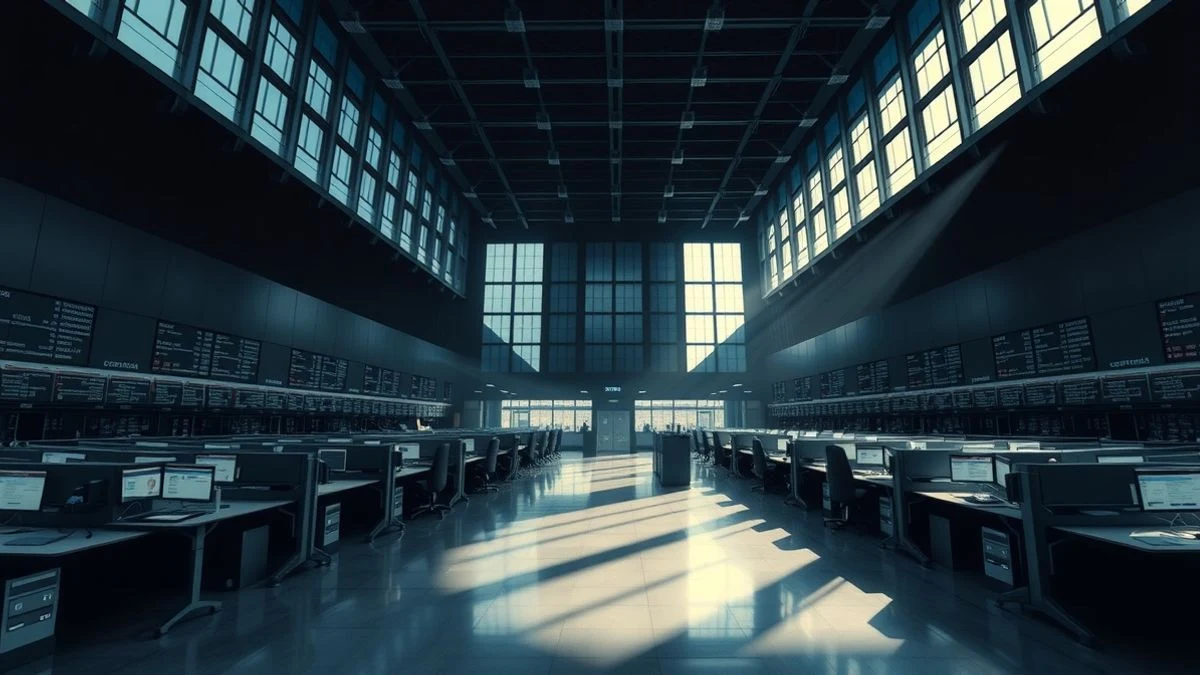 Illustrative image: view of an empty stock exchange floor with screens and desks lined up, illuminated by natural light.