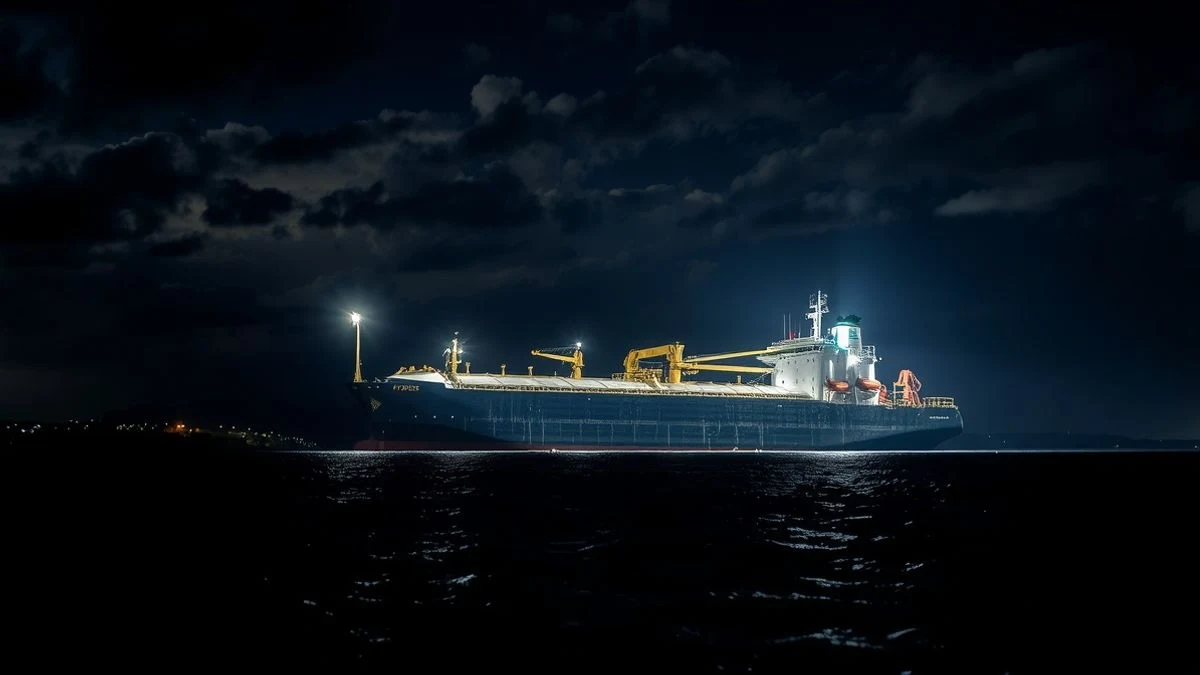 Night view of the Strait of Hormuz with an oil tanker illuminated by lights