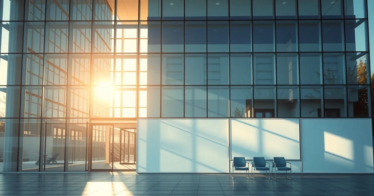 Modern office building in Seville with glass facade and evening light