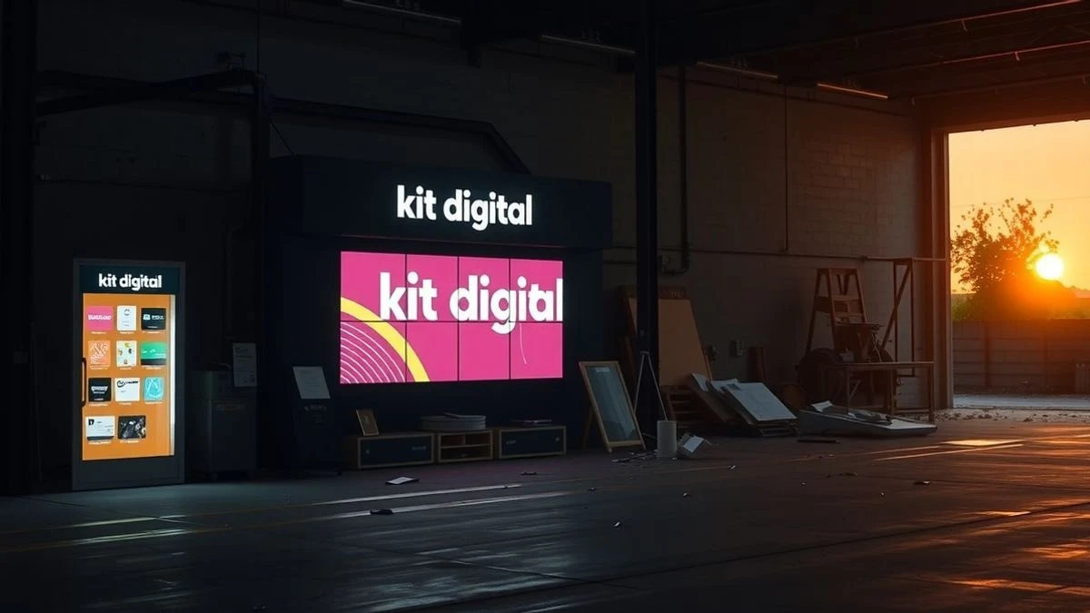 Digital showcase with screens and digital kit sign in a dimly lit warehouse with debris, illuminated by a sunset.