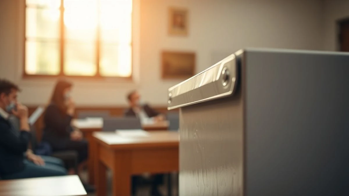 Voting box in a meeting room with natural light and blurred background