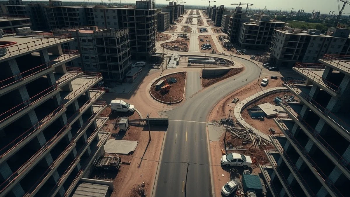 Illustrative image: overhead view of an abandoned construction site with scattered materials, representing the employment crisis in the sector.