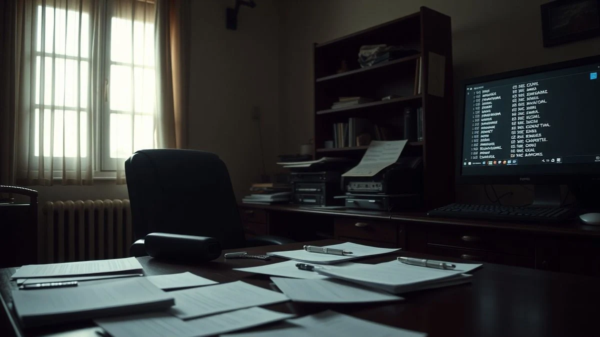 Illustrative image: an office with documents and a computer screen showing a list of names, without people.