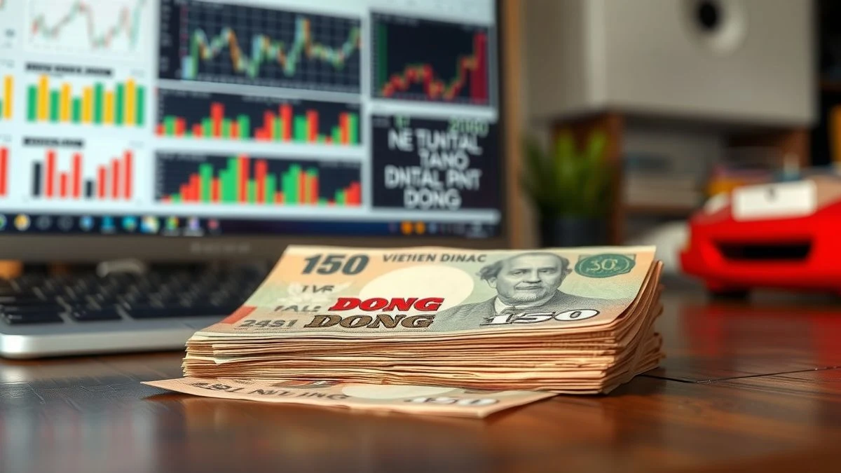 Fajo de billetes de dong vietnamita sobre una mesa de madera con gráficos de tipo de cambio al fondo