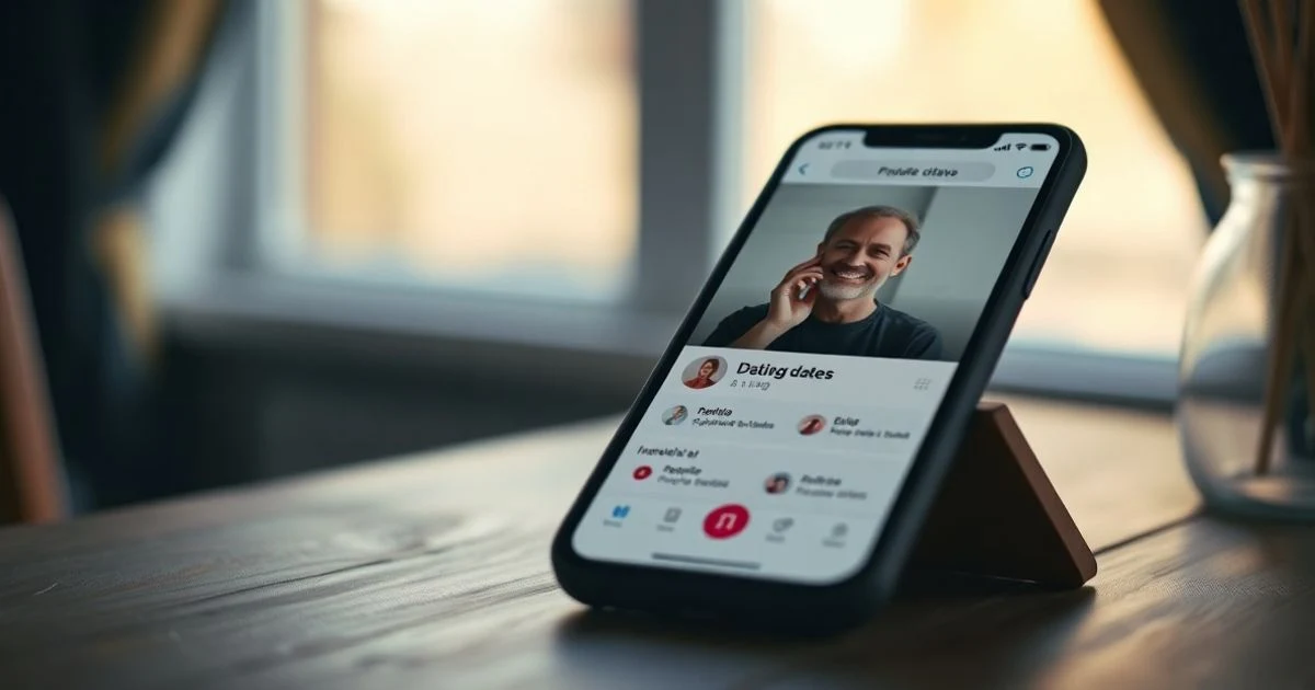 Mobile phone on a wooden table showing a dating app profile optimisation interface