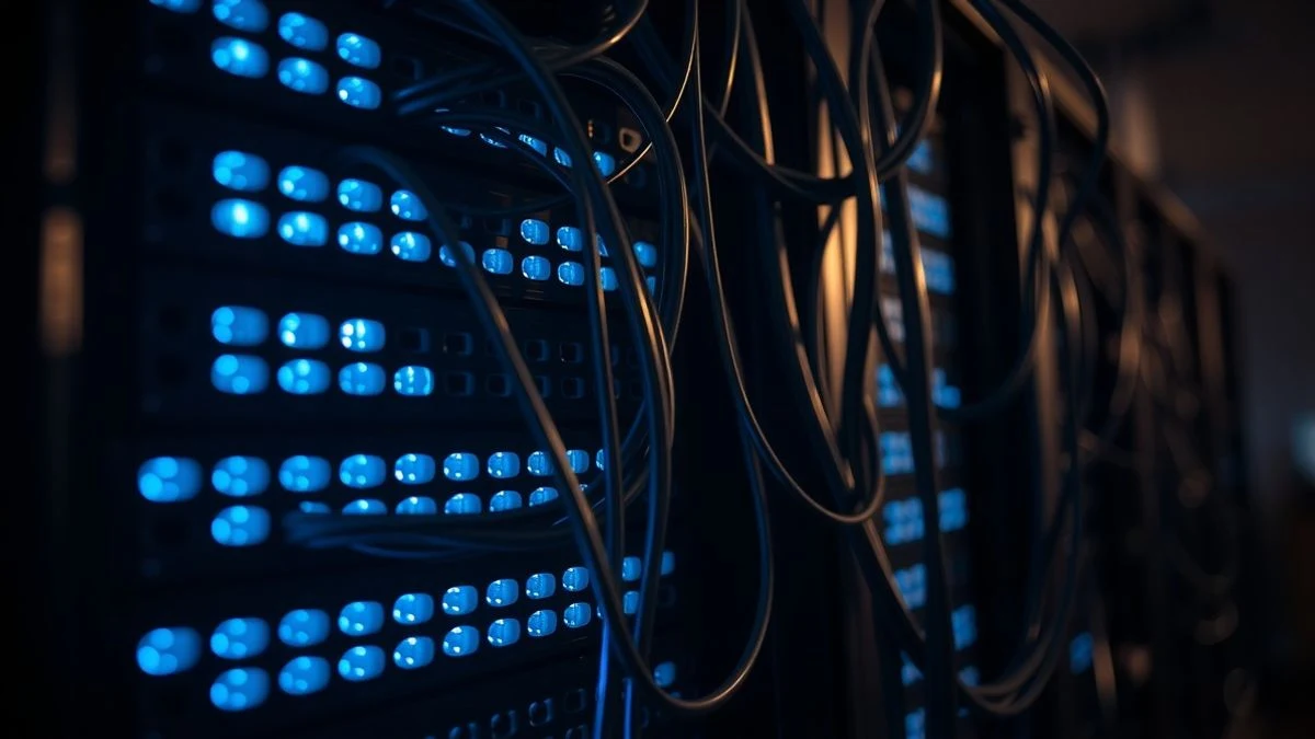 Illustrative image: detail of a server rack with blue LED lights and cables, in a generic data centre.