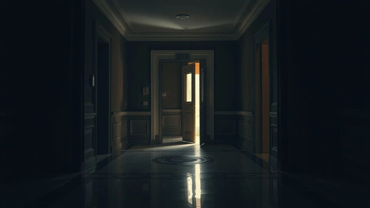 Illustrative image: an institutional corridor with artificial light and an ajar door, with no people.